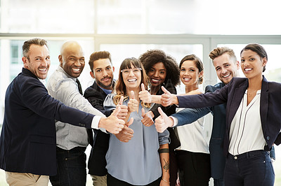 Buy stock photo Support, happy or business people with thumbs up in office for good job, about us or teamwork. Smile, company or employees in agreement with like feedback or yes sign for review or staff development