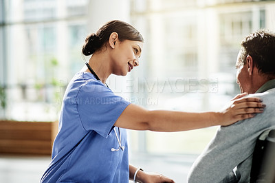 Buy stock photo Woman, nurse and mature man with a disability in hospital for recovery, support or healing. Healthcare, rehabilitation and patient in wheelchair with caregiver, smile and help for checkup in clinic
