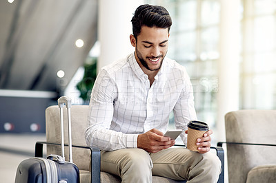 Buy stock photo Waiting room, coffee and man with smartphone, airport or communication for travel plan and schedule. Scroll, website or person with suitcase for international trip, caffeine and check booking details