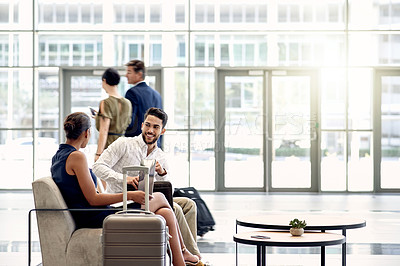 Buy stock photo Smile, travel and meeting with business people in airport lobby for teamwork, suitcase and networking. Conference trip, collaboration and luggage with employees for layover and flight schedule