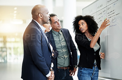 Buy stock photo Ideas, whiteboard and business people in meeting for planning, discussion and solution for profit. Corporate, teamwork and workers with notes brainstorming for proposal, revenue increase or project