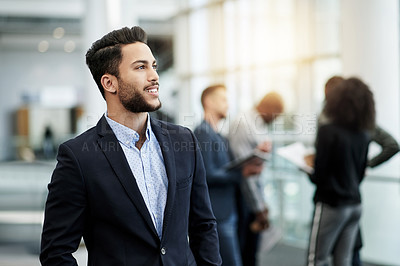 Buy stock photo Business, thinking and man in office, choice and financial agency with contemplation. Investment banker, person or employee with reflection, problem solving or mission with solution or company future