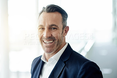 Buy stock photo Happy, portrait or mature businessman with pride for investment project or venture capital. Investor, space or male executive director in office with confidence, private equity or finance experience