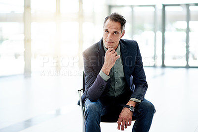 Buy stock photo Smile, chair and portrait of businessman in office with confidence for finance company. Happy, professional and male financial CEO from London with pride for corporate career growth in workplace.