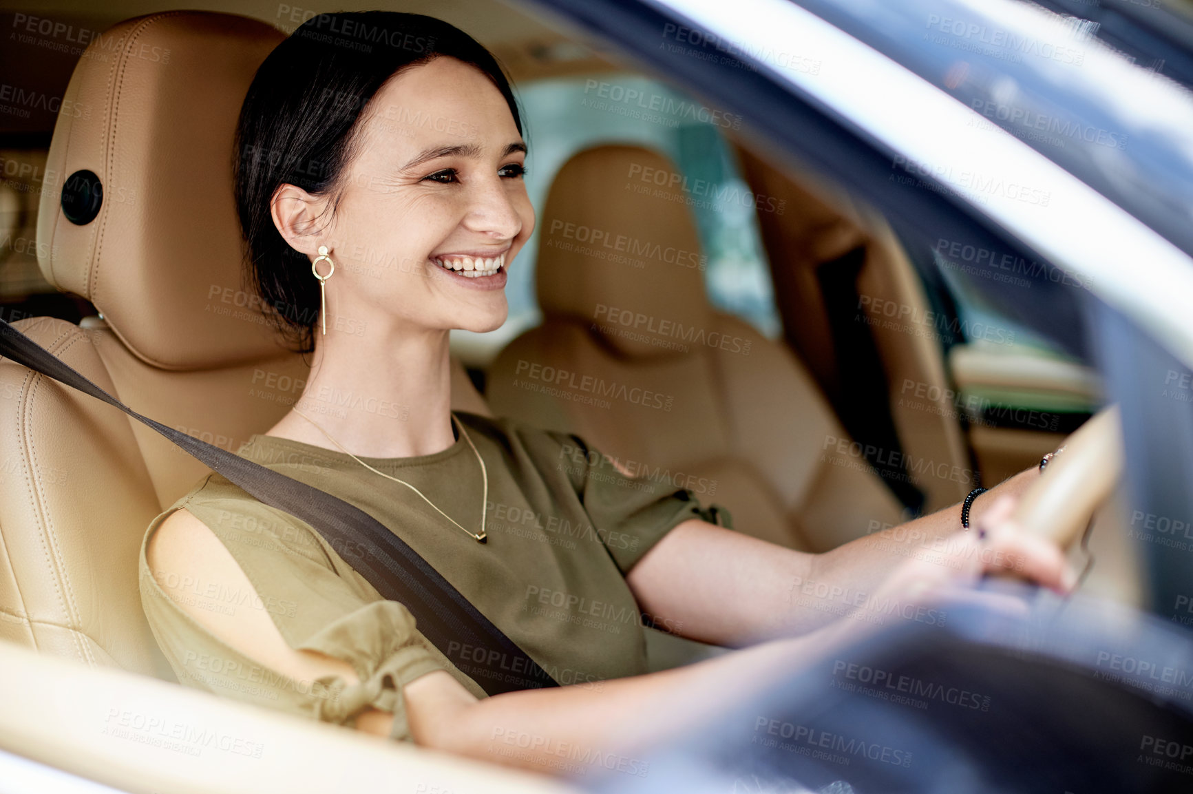 Buy stock photo Car, commute and smile of business woman driving to work location for start of job or morning. Ride, transportation and travel with happy employee in vehicle for trip for destination as driver
