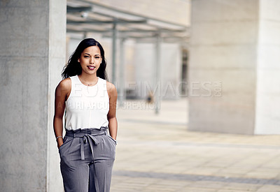 Buy stock photo Business, portrait and smile of woman outdoor at office building for about us or company mission. City, opportunity and space with professional employee at work location for career development