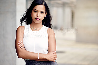 Buy stock photo Confident woman, portrait or lawyer with arms crossed in office for professional ambition. Company, consultant or serious attorney with pride for legal career, about us or mission for justice space