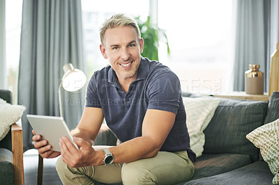Buy stock photo Happy, portrait and man with tablet, home or creative for article to publish, reporter or freelance. Online, journalist and mature person with tech for story, confident and smile for remote work