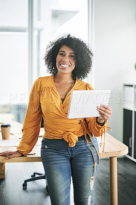 Buy stock photo Tablet, creative and portrait of business woman for website, social media marketing and online branding. Office, happy and person on tech for digital portfolio, internet and research for seo report