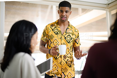 Buy stock photo Collaboration, research and team director planning project with coffee, discussion and ideas. Teamwork, talking and happy business people for creative, working and presentation in meeting in office