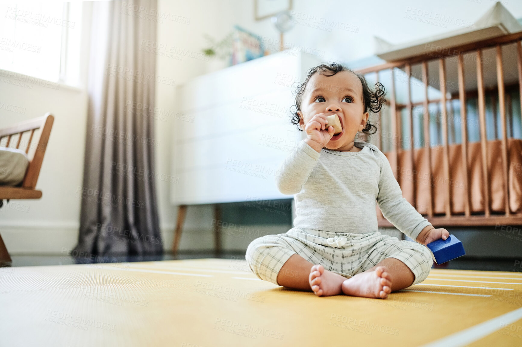 Buy stock photo Child development, toys and a baby sitting on the floor in it's bedroom at home while playing or looking curious. Children, learning and growth with an adorable little girl kid in a house to play