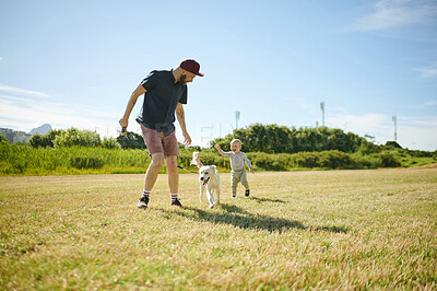 Buy stock photo Family, happy and child with dog and father for playing, having fun and adventure in countryside. Childhood, relax and happy boy and dad outdoors for games on holiday, summer vacation and weekend