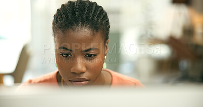 Buy stock photo Black woman, computer and thinking for office job, employee and working for copywriter career. Businesswoman, reading and person for occupation, workplace and worker for company, face or serious
