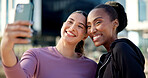 Fitness, selfie and women with smile, outdoor and laugh together after physical activity and memory. Happy people, profile picture and friends on exercise break, photography and wellness in city