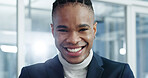 Business, portrait and black man in agency with smile, wealth advisor and about us in accounting. Happy, ambition and finance consultant with pride, risk specialist or confidence as portfolio manager