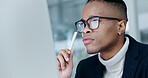 Thinking, man or review computer in office for trade decision, risk assessment or monitor news. Black person, stock broker or tech for market insight, check economic calendar or solution with glasses
