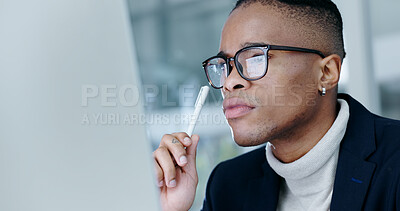 Buy stock photo Thinking, man or review computer in office for trade decision, risk assessment or monitor news. Black person, stock broker or tech for market insight, check economic calendar or solution with glasses