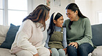 Family, laughing and child with grandma in home, love and bonding with senior mother in living room. Mom, generations and Asian people with girl, happiness and connection with grandparent in house