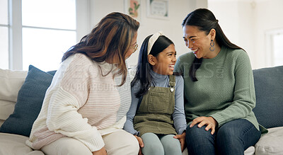 Buy stock photo Family, laughing and child with grandma in home, love and bonding with senior mother in living room. Mom, generations and Asian people with girl, happiness and connection with grandparent in house