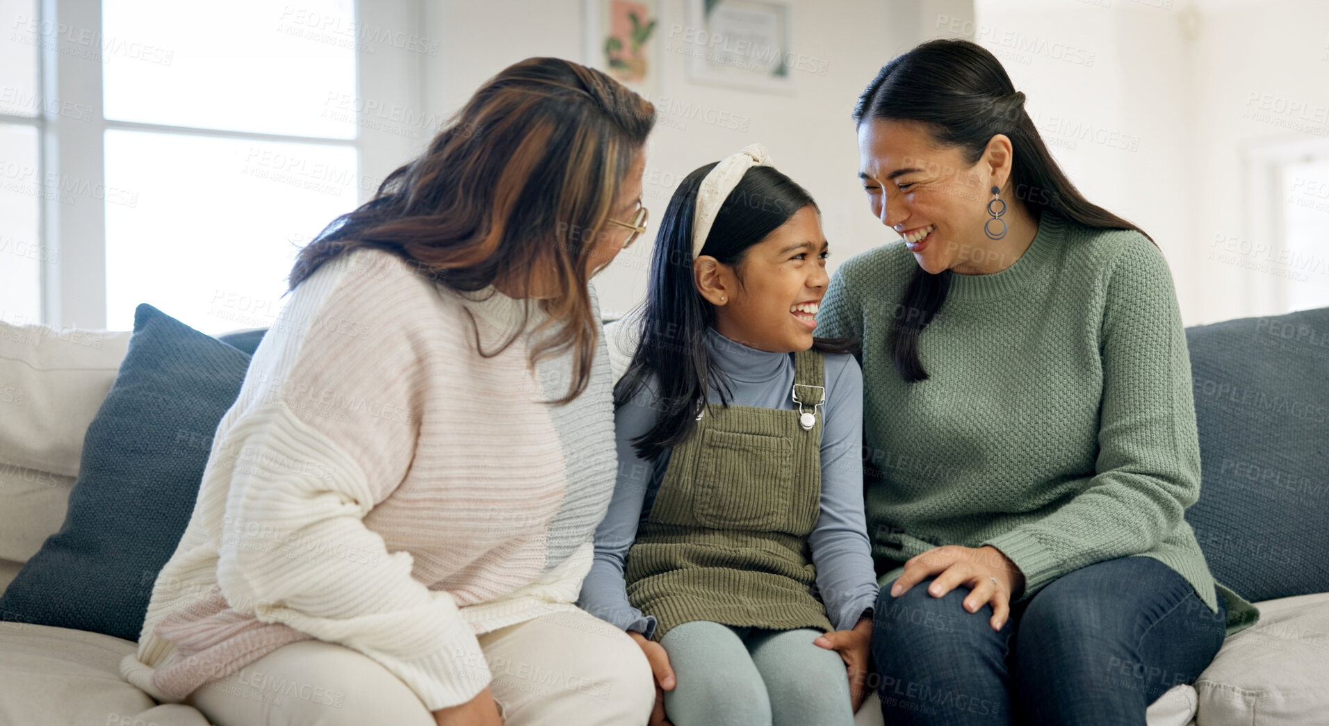 Buy stock photo Family, laughing and child with grandma in home, love and bonding with senior mother in living room. Mom, generations and Asian people with girl, happiness and connection with grandparent in house