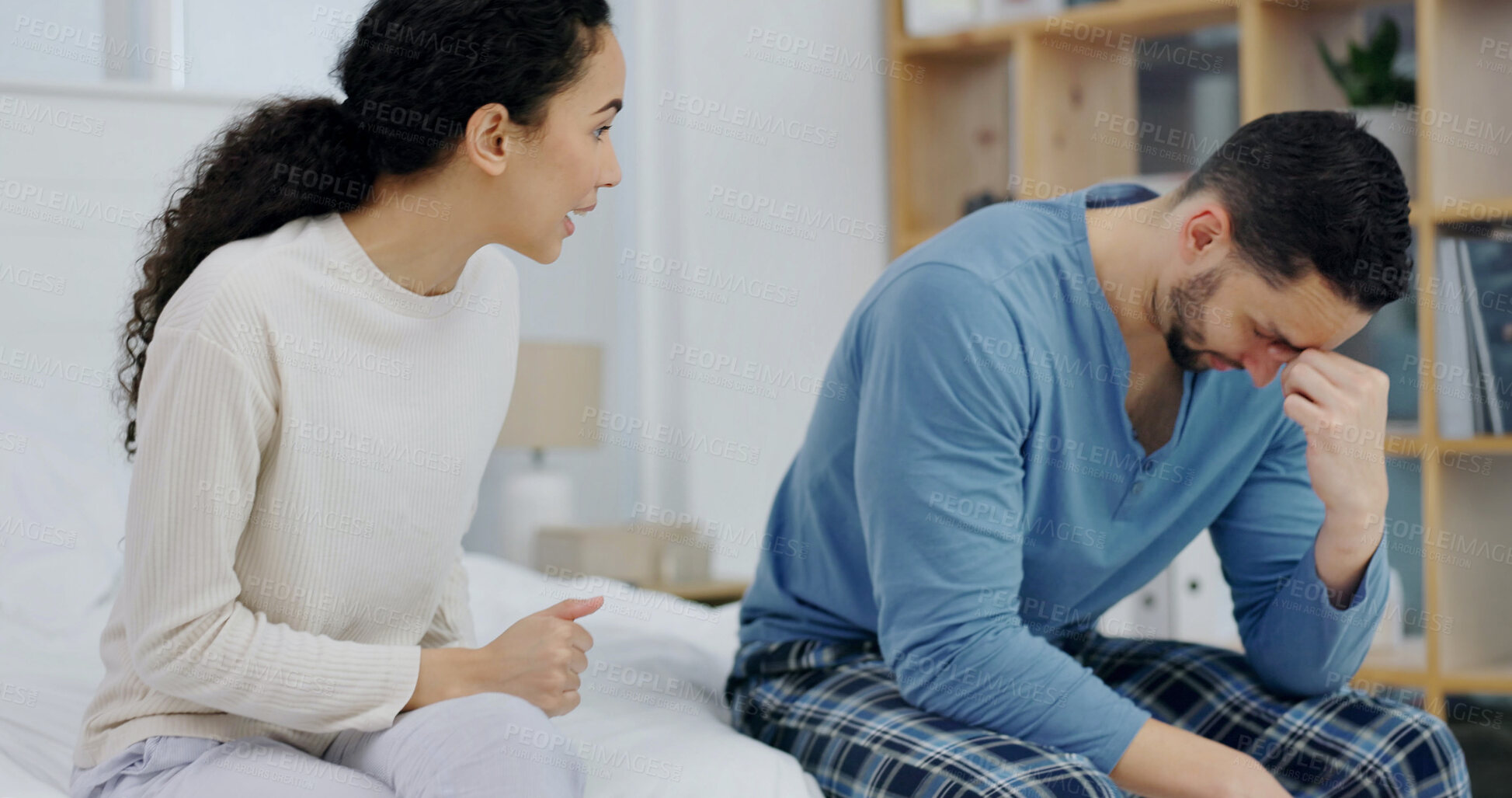 Buy stock photo Marriage, couple and angry on bed with argument, confrontation or gaslighting for cheating. Ignore, people or infidelity dispute in home for relationship betrayal, partner manipulation or deny affair