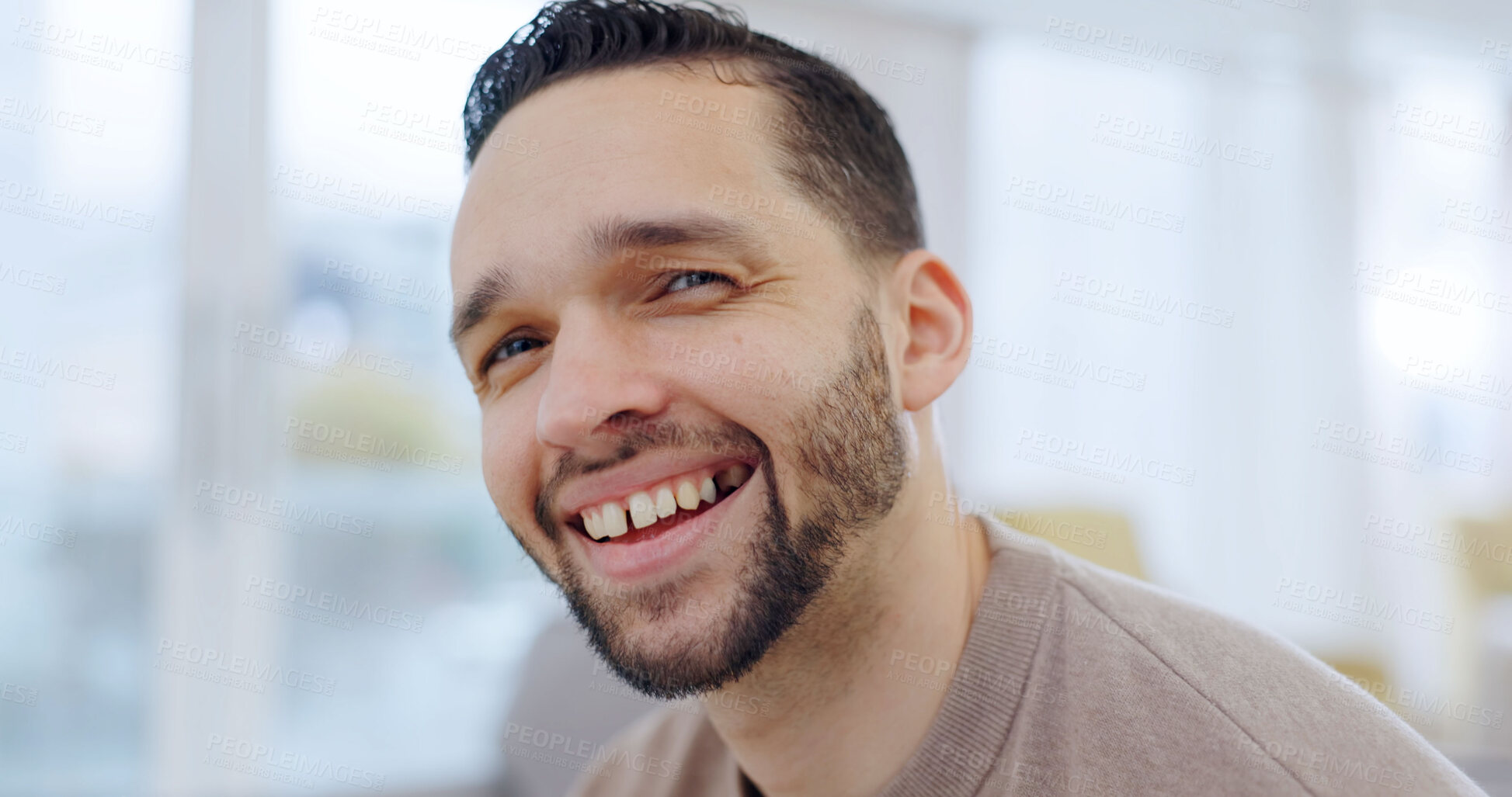 Buy stock photo Happy, laugh and portrait of man in home for break, rest and relax for me time on weekend. House, chill and person with smile for calm, wellness and funny joke for good mood, positivity and unwind