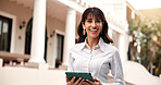 Professor, portrait and woman with tablet at university, laugh and confident with academic schedule. Outdoor, educator and mature person with tech, happiness or educational research on college campus