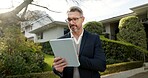 Real estate, home and businessman with tablet, outdoor or browsing research for property management. Realtor, scroll and mature person with tech, reading and planning for house tour and info on web