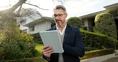 Buy stock photo Real estate, home and businessman with tablet, outdoor or browsing research for property management. Realtor, scroll and mature person with tech, reading and planning for house tour and info on web