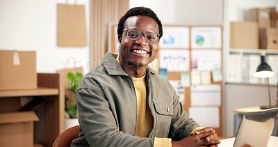 Buy stock photo Shipping, portrait and happy man with laptop in small business, online or stock distribution on web. Logistics, info and black person with tech, supply chain and smile with research and inventory