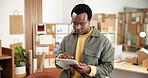 Small business, search and black man in office with tablet for erp technology at ecommerce startup. Export, web or entrepreneur on digital app for online sales data, checklist or inventory management