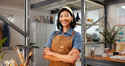 Buy stock photo Pottery, happy and woman in studio for startup, art store and business idea for creative hobby. Portrait, entrepreneur and person with crossed arms for ceramic, clay and handicraft design in workshop