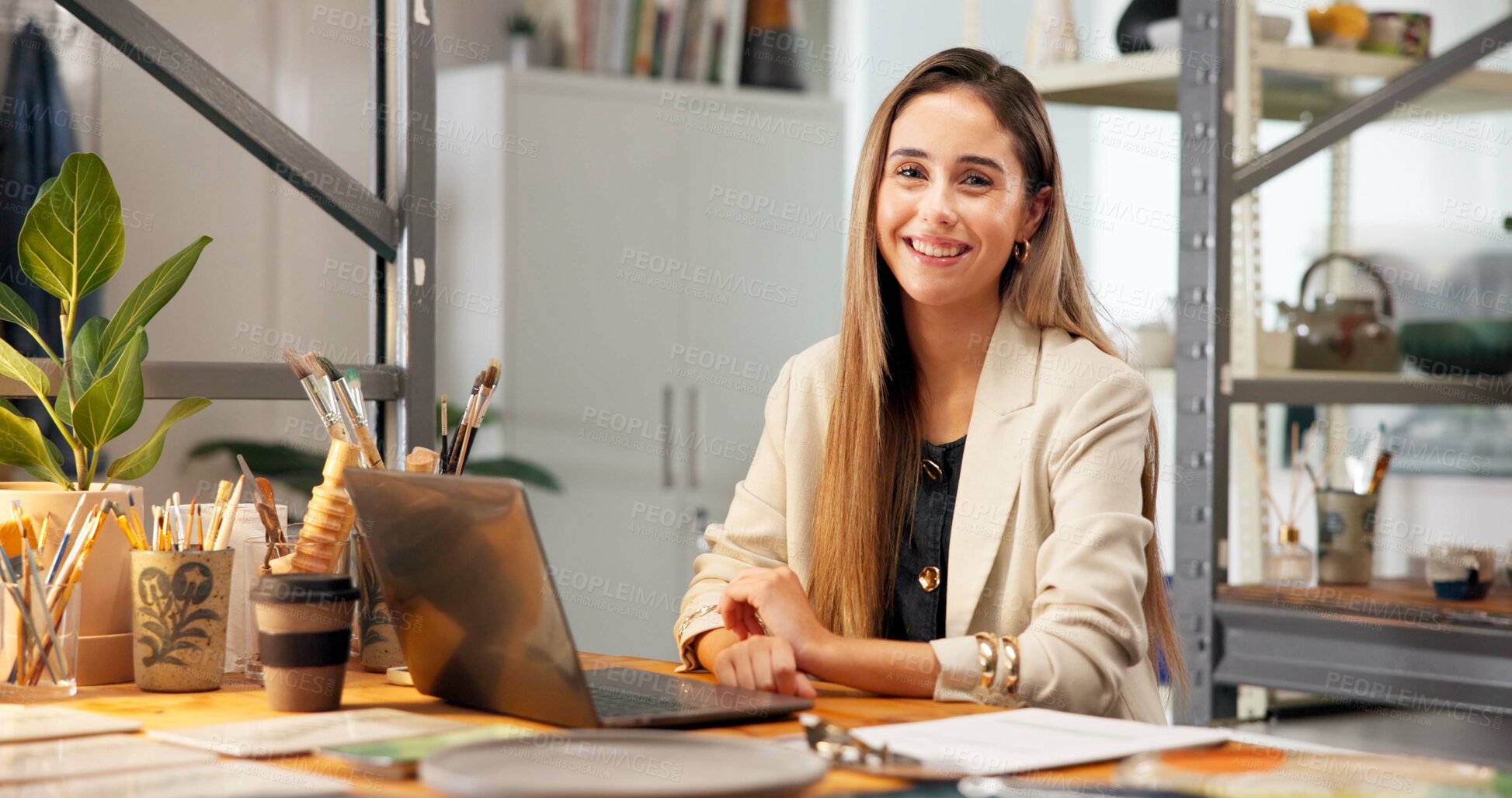 Buy stock photo Small business, pottery or woman in workshop with laptop, online checklist and inventory management. Portrait, ceramics or happy artist with sales research for funding application at creative startup
