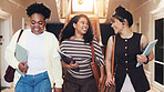 Friends, students and talking at campus with smile, new semester and next class for college lecture. Happy, women and laugh at university for recess, orientation and academic discussion for education