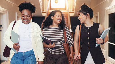 Buy stock photo Friends, students and talking at campus with smile, new semester and next class for college lecture. Happy, women and laugh at university for recess, orientation and academic discussion for education