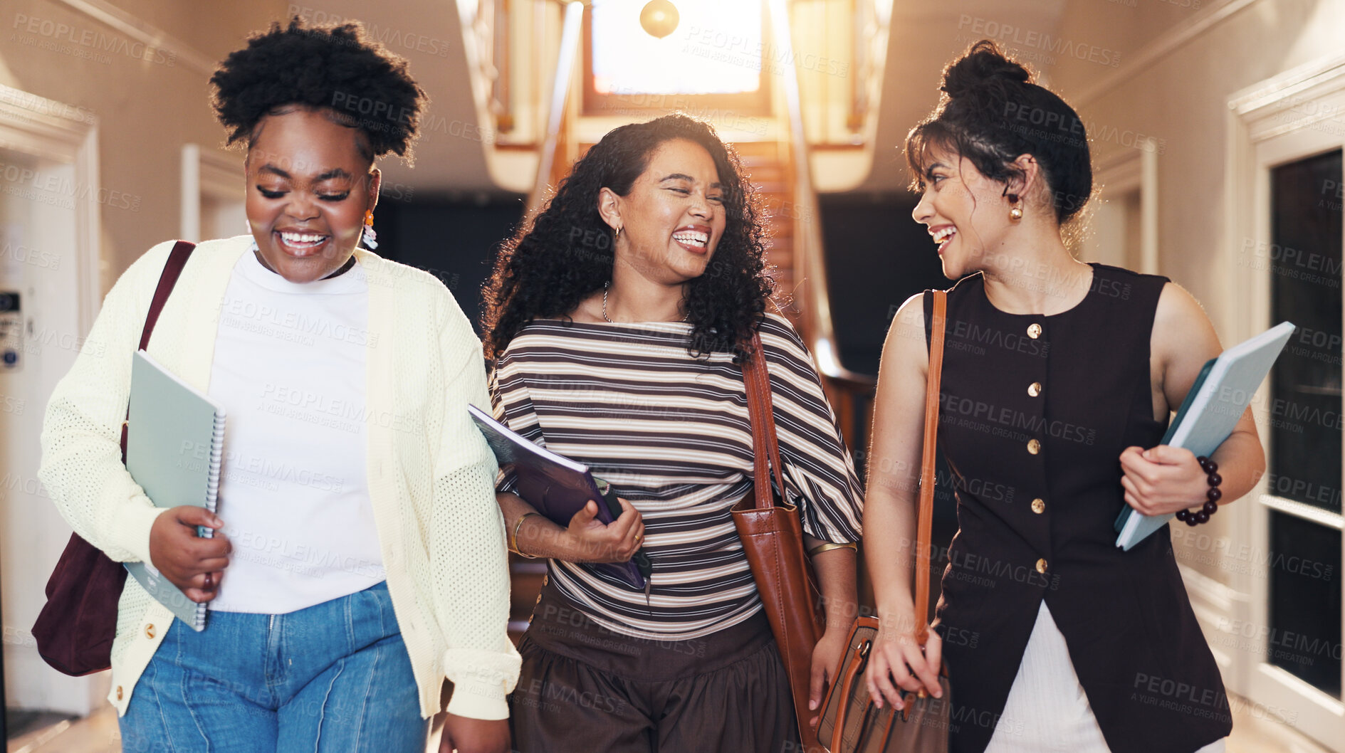 Buy stock photo Friends, students and talking at campus with smile, new semester and next class for college lecture. Happy, women and laugh at university for recess, orientation and academic discussion for education