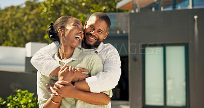 Buy stock photo Excited, couple and hug in front yard for real estate investment, property purchase or home security. Portrait, black people or happy with embrace for new house, relocation and marriage goals outdoor