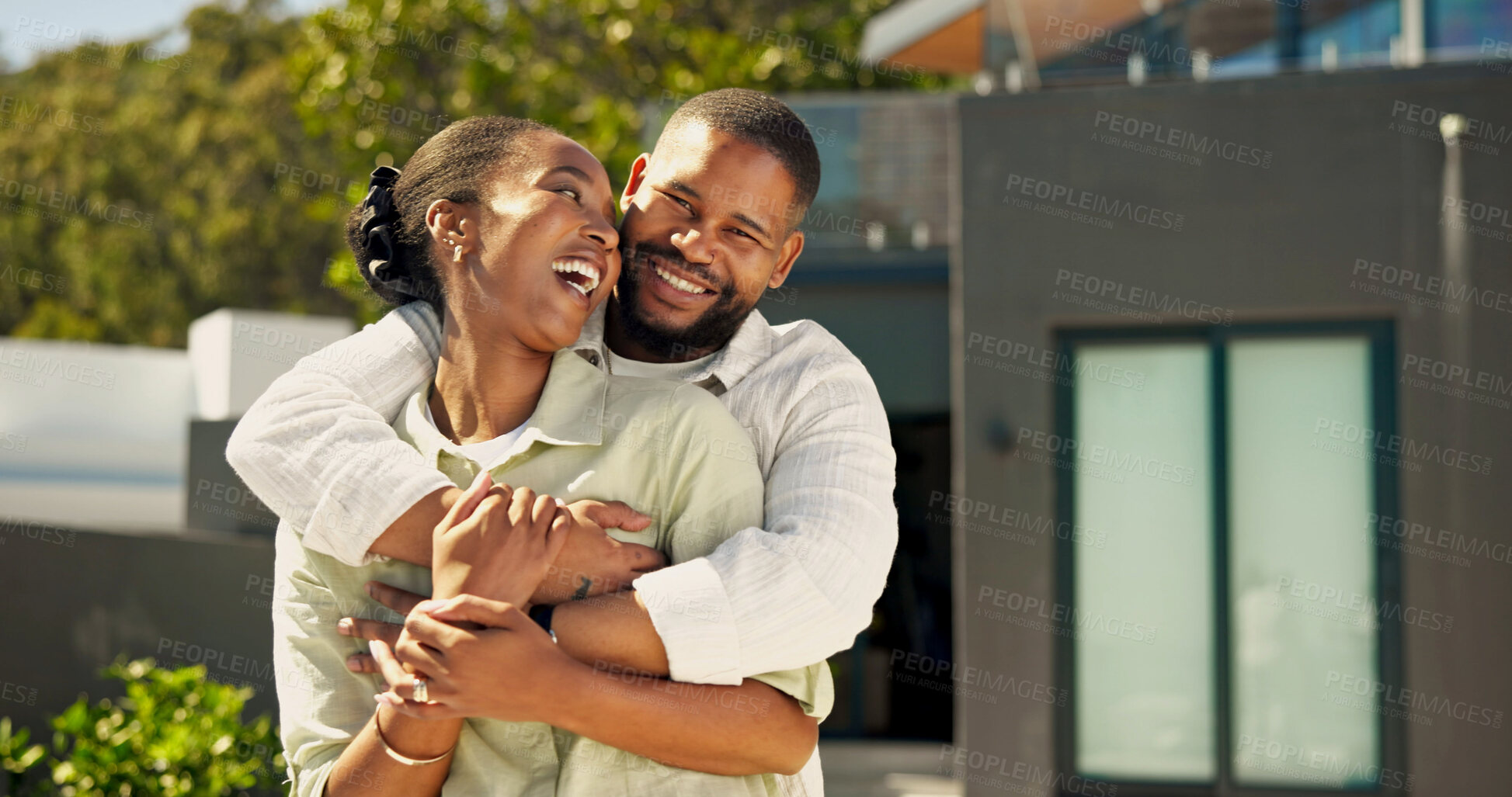 Buy stock photo Excited, couple and hug in front yard for real estate investment, property purchase or home security. Portrait, black people or happy with embrace for new house, relocation and marriage goals outdoor