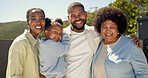 Happy, portrait and black family in nature for holiday break, outdoor bonding or safety together. Mom, dad and grandma with child or smile for weekend stay, visit or vacation on property or house
