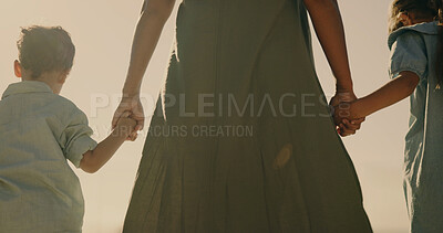 Buy stock photo Holding hands, love and mother with children in nature for support, connection and family holiday. Trust, commitment and security with woman and kids walking outdoor for journey, growth and safety 