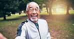 Portrait, old man and selfie at park for fitness, photography and social media for exercise post. Smile, senior person and capture memory in nature with pov, profile picture update and training photo