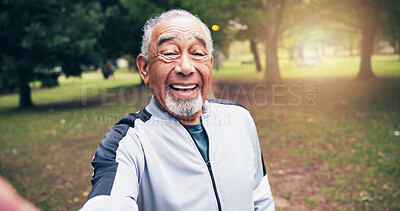 Buy stock photo Portrait, old man and selfie at park for fitness, photography and social media for exercise post. Smile, senior person and capture memory in nature with pov, profile picture update and training photo