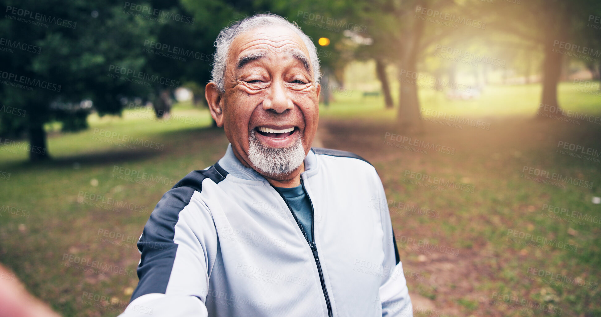 Buy stock photo Portrait, old man and selfie at park for fitness, photography and social media for exercise post. Smile, senior person and capture memory in nature with pov, profile picture update and training photo