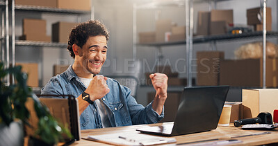 Buy stock photo Excited, fist pump and man on laptop with supply chain, supplier feedback and delivery success. Small business, happy and person celebrate for shipping, distribution and sales goal for ecommerce