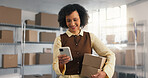 Ecommerce, woman and phone in office with package, order and smile for positive review on mobile app. Happy, mature person and boxes with website, logistics or satisfied with online customer feedback