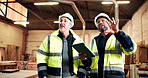 Woodworking, engineer and men with tablet in workshop, inspection and plan for furniture production. Carpenter, collaboration and mature people with tech, quality assurance and project management