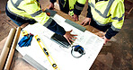 Hands, people and tech with blueprint for construction planning, design vision and zoning permit. Architect, team and floor plan with laptop for structural review, building layout and specs on above