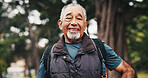 Hiking, portrait and senior man in nature for trekking, fitness and exercise for wellness on weekend. Happy, mountain and person with smile for adventure, backpacking and travel outdoor for health