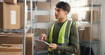 Inspection, man and tablet in storage for logistics cycle count, inventory audit or record stock. Small business, receiving clerk and WMS app to verify inbound shipment, order picking or stocktaking