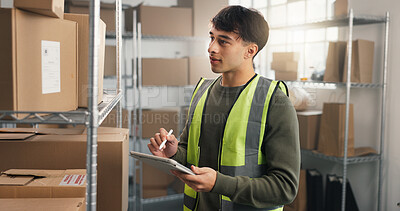 Buy stock photo Inspection, man and tablet in storage for logistics cycle count, inventory audit or record stock. Small business, receiving clerk and WMS app to verify inbound shipment, order picking or stocktaking
